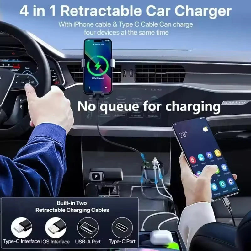 4 in 1 120W USB Type C Fast car Charger Cable