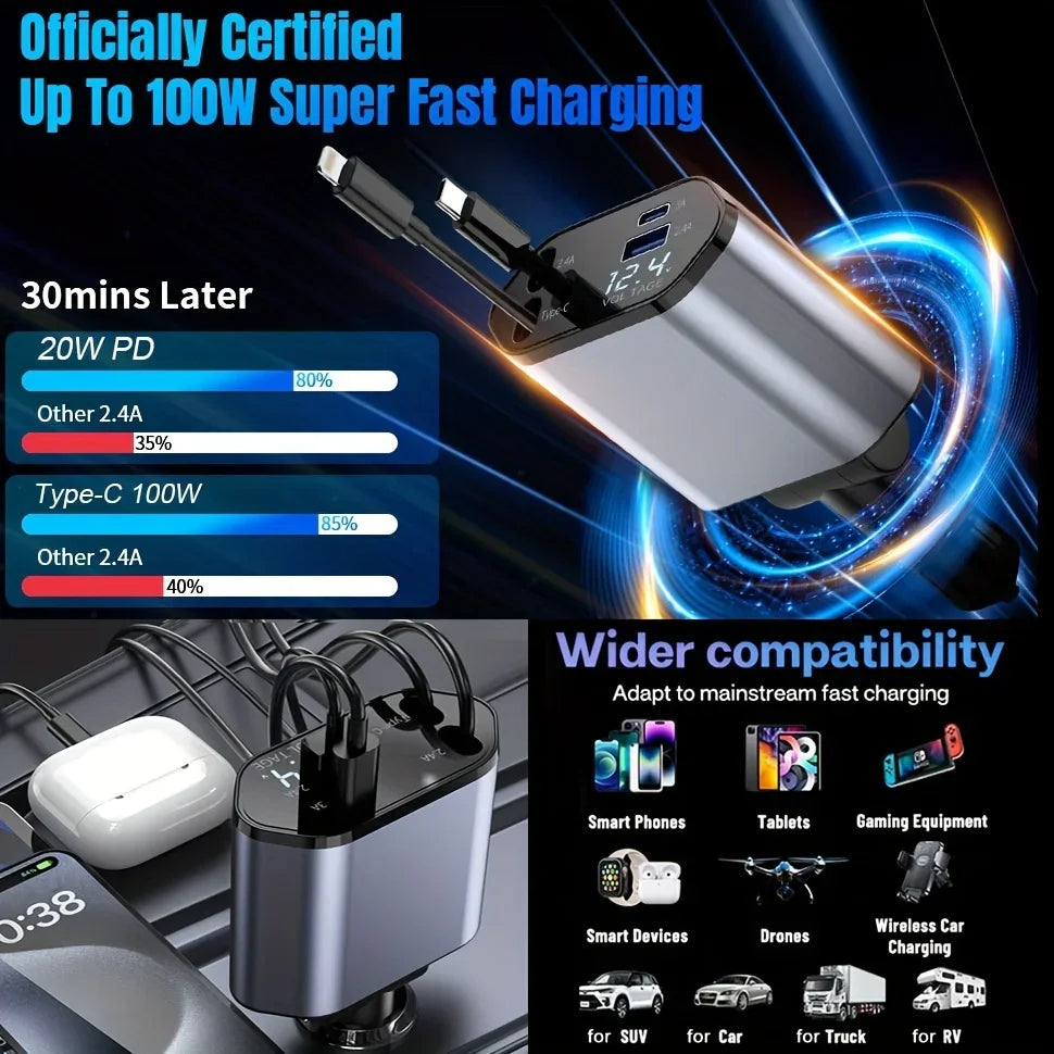 4 in 1 120W USB Type C Fast car Charger Cable