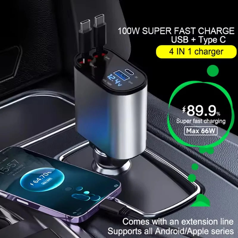 4 in 1 120W  USB Type C Fast car Charger Cable