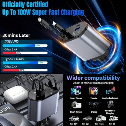 4 in 1 120W  USB Type C Fast car Charger Cable